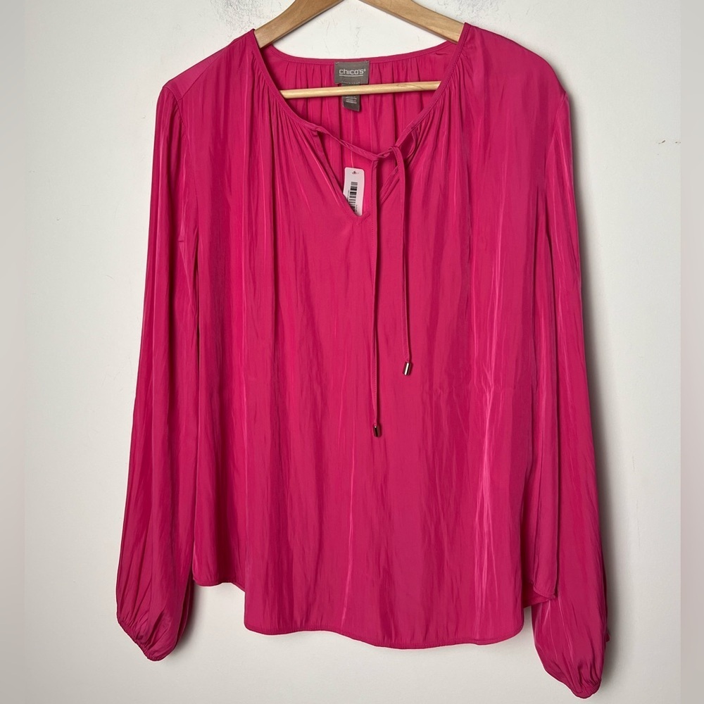 Chico's Women's Tassel Notch Blouson Sleeve Silky Blouse Fuchsia Rose Spring NEW